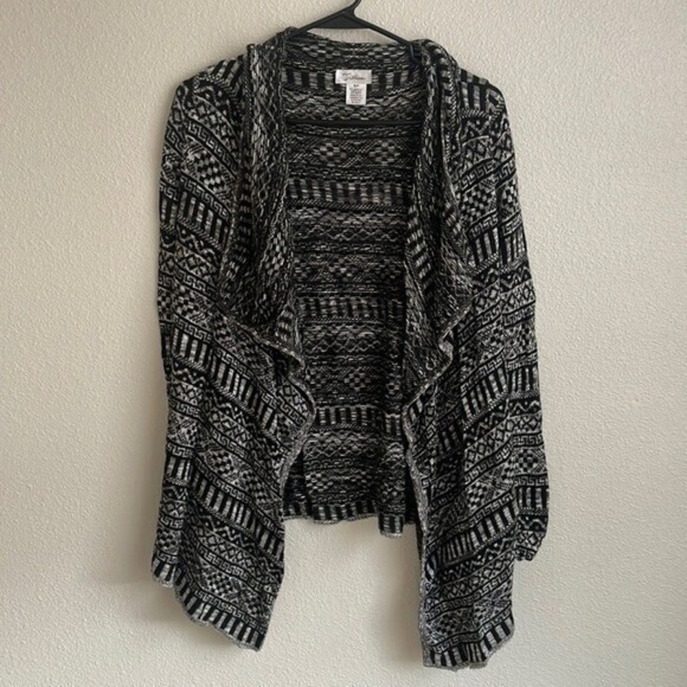 Trillium Cardigan Women S/P Black White Excellent Geometric Tribal Open Front